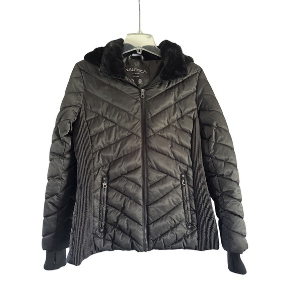 Nautica Jackets & Blazers - Women's Nautica Black Puffer Jacket Faux Fur Collar Detachable Hood Zip Up M